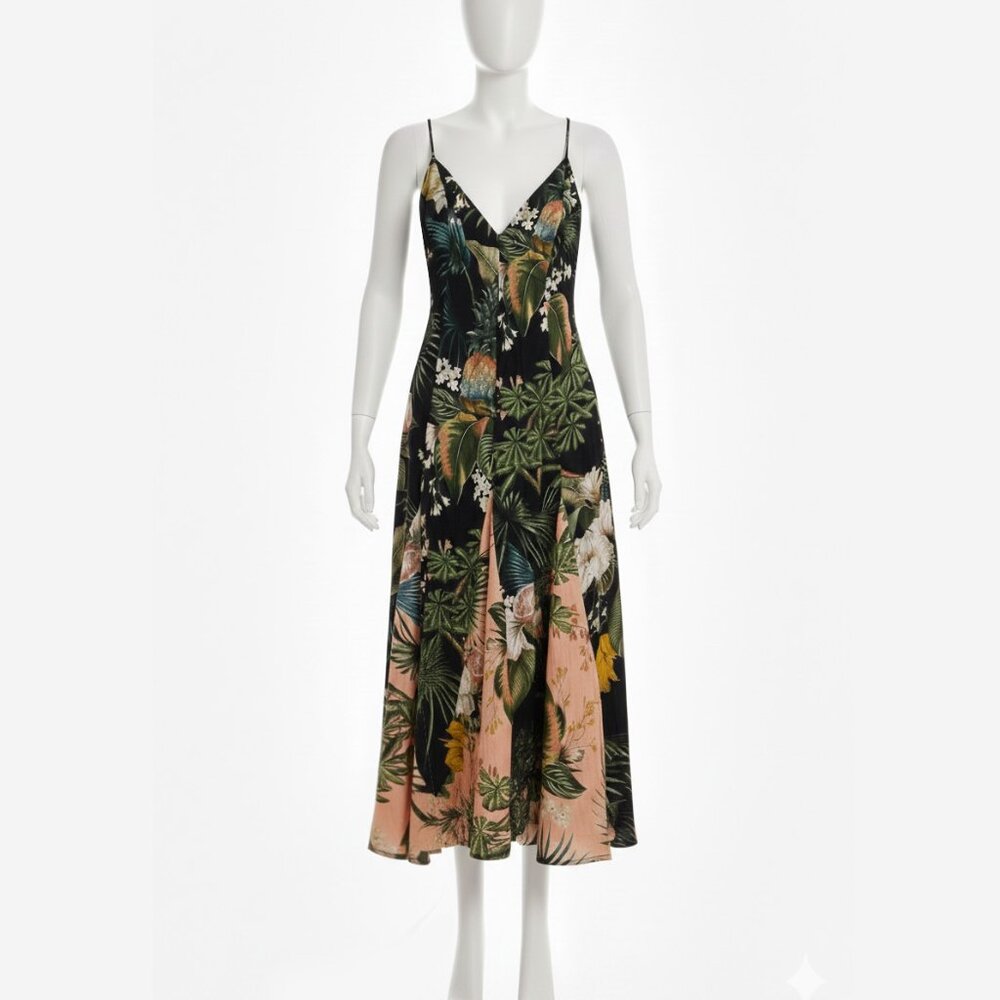 FARM RIO Tropical Graphic Midi Dress with Pink Godet Panels